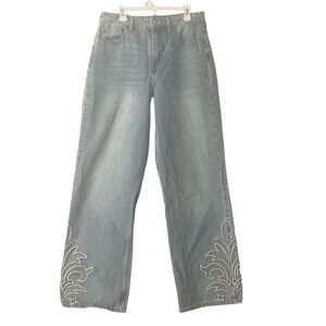 Forever 21 Light Blue Flare Jeans with White Embroidery